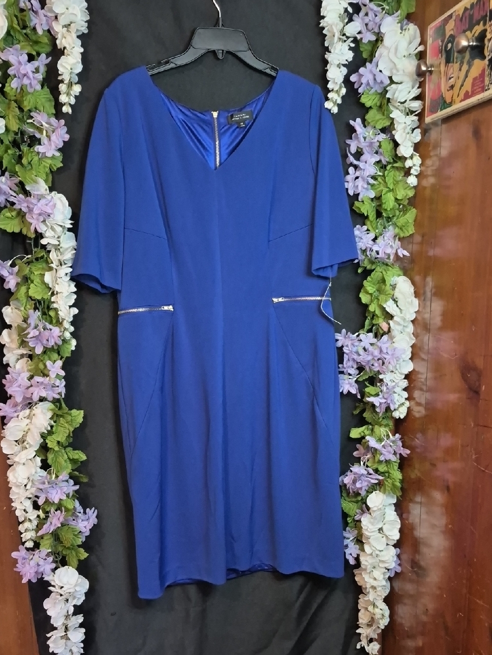 Tahari Royal Blue Short Sleeve Sheath Dress with Zip Accents